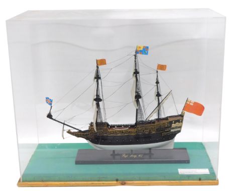 A scale model of the three masted galleon The Royal Sovereign circa 1637, in Perspex and wooden case, 62cm wide. 