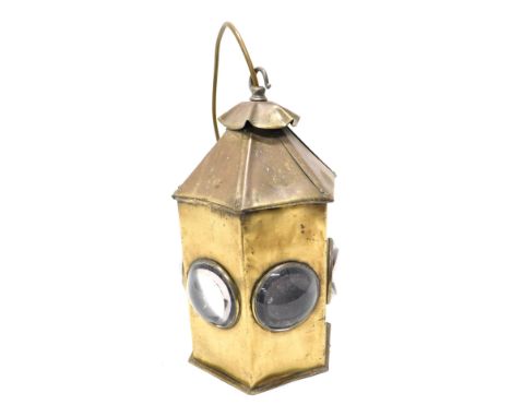 An unusual 19thC hexagonal hanging light, with concave domed glass spheres, and a hexagonal top, on hanging stem, 35cm high. 
