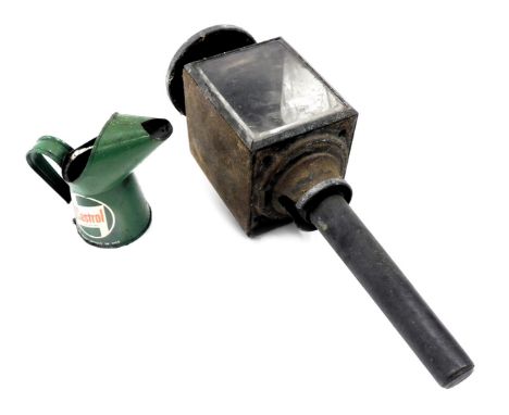 A&nbsp; lantern, metal casing with glass panels, 44cm high, and a miniature Castrol oil can, 17cm high. (2, AF)