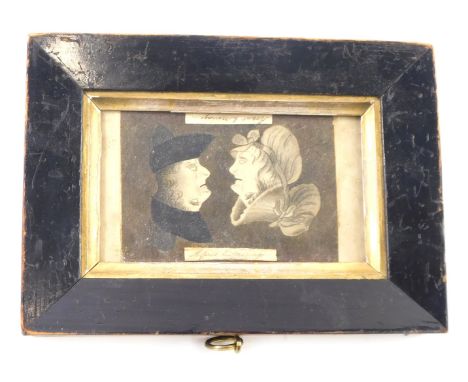 19thC French naive school, mirrored picture of gentleman and lady, in ebonised frame, 22cm x 15.5cm. 