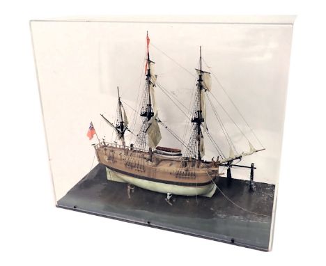 A scale model of Captain Cook's Endeavour, circa 1768, in perspex case, 59cm wide. 