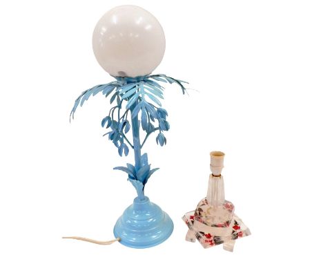 A blue metal standard lamp, with a white domed shade, 63cm high, and an acrylic and rose moulded table lamp, 35cm high. (2) W
