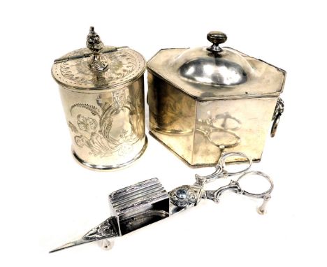 Three items of 20thC silver plated ware, comprising candle snuffers, silver plated caddy with knight crest, and a hexagonal s