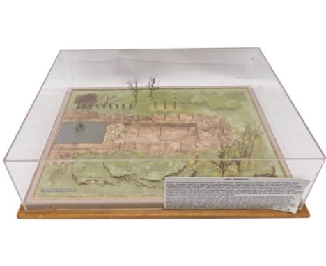 A scale model of a Roman road, shown in cross section with soldiers, etc., within landscape, displayed within a Perspex and w