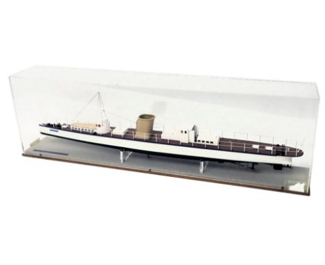 A scale model of the S.Y Turbinia, 1:32 scale, in perspex case, 104cm wide overall. 