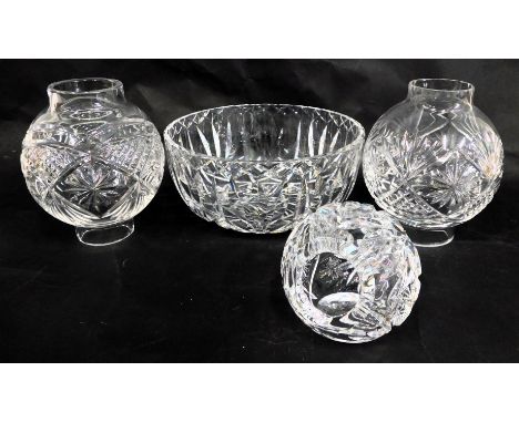 A Waterford crystal bowl, with etched crystal moulding, 20cm diameter (AF), two cut glass light shades, 14cm high, and a dome