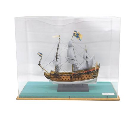 A scale model of H.M.S Prince, the three masted galleon circa 1670, in Perspex and wooden case, 66cm wide. 