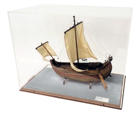 A scale model of a Roman merchant ship, with single mast, swan carved figure head, in perspex case, scale 1:72, 57cm wide. 