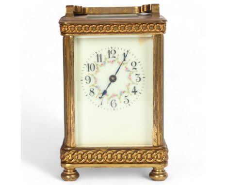 19th century French 8-day carriage clock, with floral porcelain dial and curb link frieze, case height 11.5cm, original trave