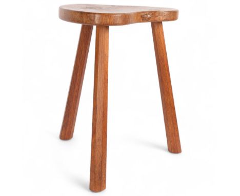ROBERT MOUSEMAN THOMPSON OF KILBURN - oak 3-legged stool with kidney-shaped seat, width 37cm, height 45cm