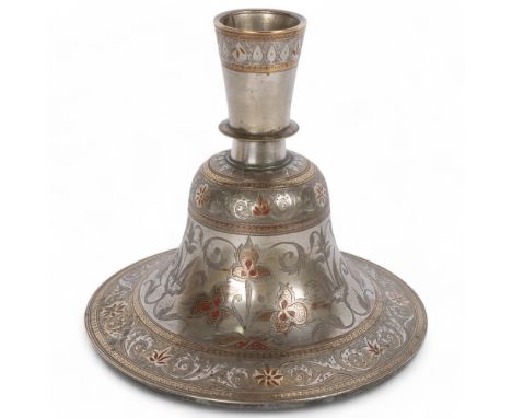 An Islamic hookah pipe base, 18th or 19th century, with gold inlay and engraved decoration, height 19cm, base diameter 20cm