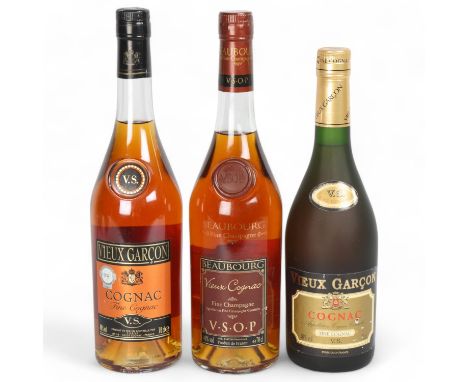 3 bottles of Vintage Cognac, 2 x Vieux Garcon Fine Cognac, Beaubourg Fine Champagne Cognac (3), all 70cl
