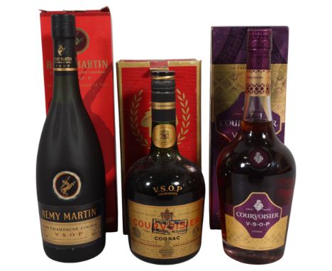3 bottles of Cognac, 2 Courvoisier V.S.O.P, and 1 bottle of Remy Martin VSOP, all in original boxes All bottles in good condi