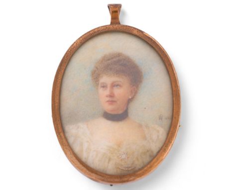 Edwardian miniature portrait of a lady, watercolour on ivory, signed with monogram dated 08, gold plated frame, frame height 