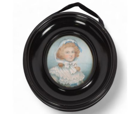 19th century miniature portrait of the Marchioness of Hereford, watercolour on ivory, original ebonised wood frame with label