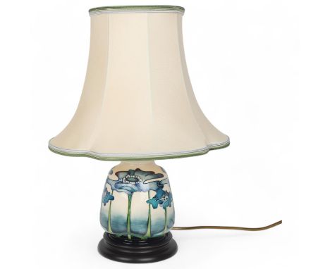 Moorcroft Blue Heaven pattern table lamp and shade, on wood base, height including shade 41cmPerfect condition