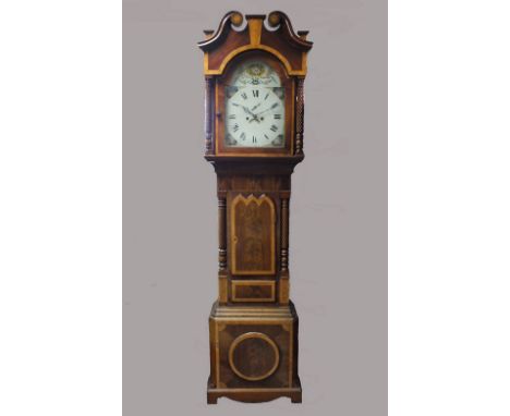 A mahogany and chequer strung and satinwood cross banded longcase clock, second quarter 19th century the arched hood with bro