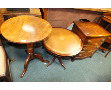 A George III style mahogany bow front chest of three cock beaded drawers on shaped bracket feet, 54cm wide, 43cm deep, 64cm h