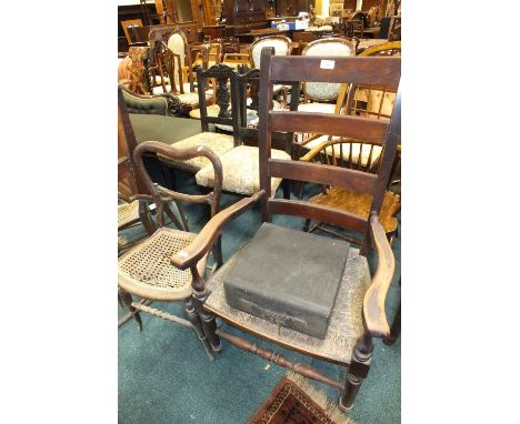 A beech framed arched top mirror, an Edwardian cane seat bedroom chair, a late 19th century rush seat ladder back open armcha