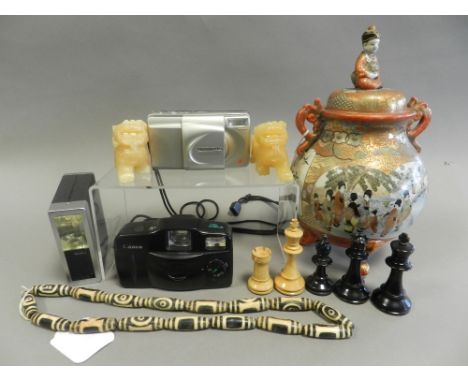 A Japanese Kutani twin handled jar and cover on tripod feet, a quantity of vintage cameras, a Mary Quant poncho, decorative n