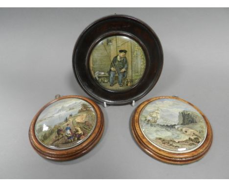 A quantity of Prattware pot lids including the Chin-chew river, harbour of Hong Kong, 'I See You My Boy', Shakespeare's house