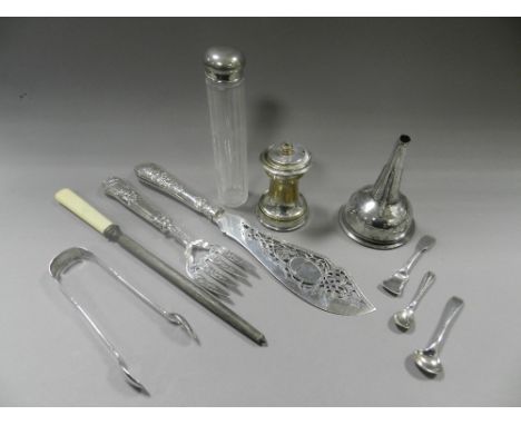 A silver fish server and fork together with a pair of silver sugar tongs, a silver plated wine funnel, etc.