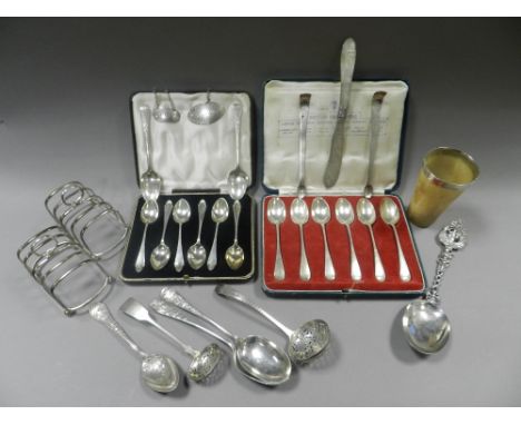 Two white metal decanter labels, one engraved Gin, the other Sherry together with silver flatware, a cased set of silver teas