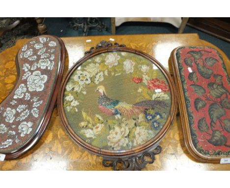 Two Victorian bead work kettle stands, one rectangular, one kidney shaped and a 19th century rosewood circular pole screen pa