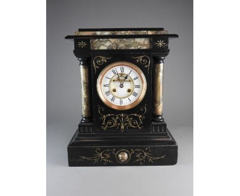 A Victorian black marble and variegated marble mantel clock, second half 19th century, 6'' white enamel dial with Roman numer