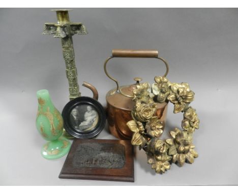 Metal wares to include a pair of 17th century style brass candlesticks, a continental brass ecclesiastical style brass candle