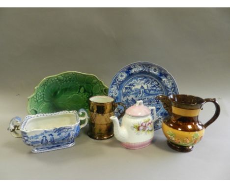 19th century British pottery to include blue printed plates, copper lustre jugs, an Aller Vale art pottery vase, etc.