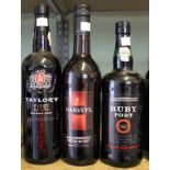A Taylors First Estate reserve port with a Ruby port and a Harvey's sherry