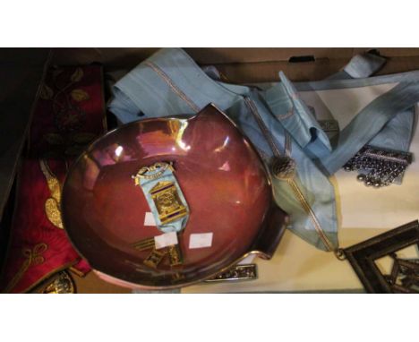 A collection of Masonic items, includes regalia, a silver gilt Masters jewel, "Wythall Lodge No 5665" and a "Royal Winton" po
