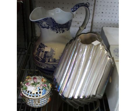 A Spode blue and white jug, a Dresden pot pourri bowl and an art deco vase