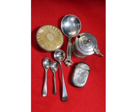 A Georg Jensen sterling silver Danish caddy spoon, together with other silver items, including a vesta, lidded mustard, pill 