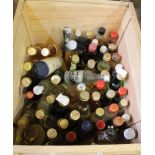 Wooden box of miniatures, whisky, etc