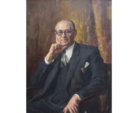 Henry Marvell Carr (1894-1970) "Portrait of William Sparrow" three-quarter length, wearing a three piece lounge suit, seated 
