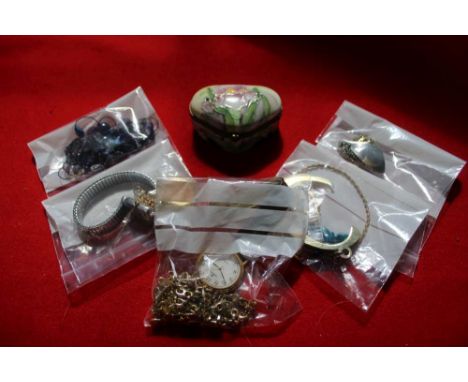 Collection of costume jewellery and watches plus a ceramic pill box 