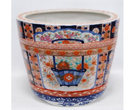 Chinese ceramic jardinière decorated all over with Imari and famille rose floral panels, Kangxi-style scrolls to the lower, 2