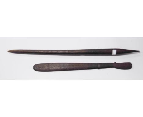 Aboriginal carved club/stick (Nula-Nula) with incised markings to the tip, 82cm long, and an Aboriginal carved club, possible