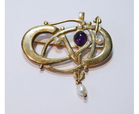 Scottish 9ct gold openwork brooch with amethyst and pearls, 10.7g. 