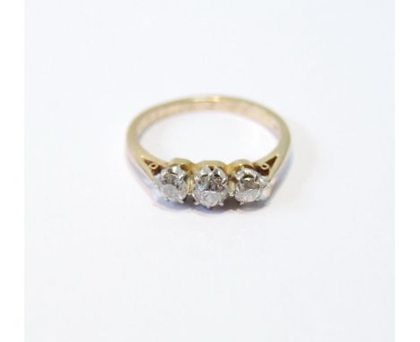 Diamond three-stone ring, '18ct', size K. 