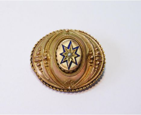 Victorian gold oval brooch with pearl-set enamel star, 38mm, 10g gross. 