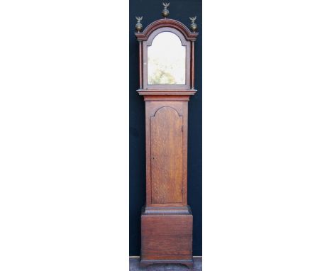 Early 19th century eight day oak-cased longcase clock, the detachable hood with three turned finials, eagle surmount above gl