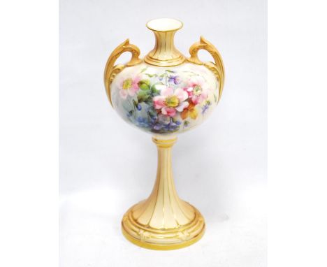 Royal Worcester blush ivory vase of slender baluster form with hand-painted floral decoration, shape no. 2303, Rd No. 41921, 