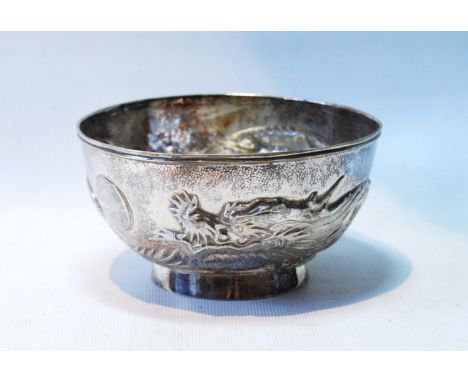 Chinese silver hemispherical bowl, embossed with dragons, by Wang Hing, with character mark, c. 1900, 12.5cm, 154g or 4½oz.