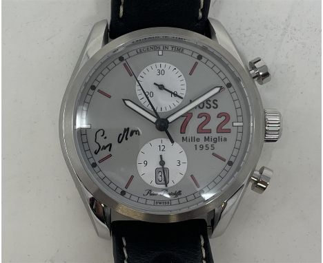 One of only 85 pieces produced worldwide with Stirling Moss hand-signed face, new and unworn. In a display box presented with