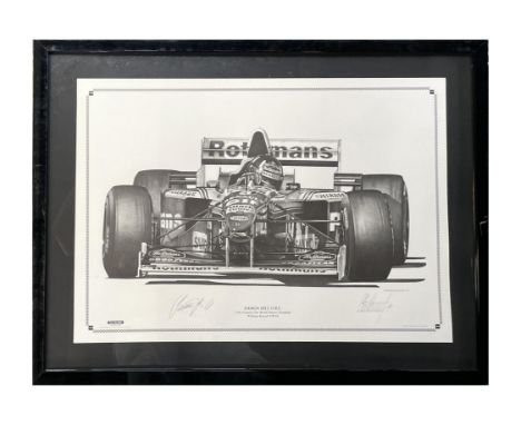 Hand-signed by Damon and the artist, Alan Stammers, capturing Damon winning the 1996 Japanese Grand Prix to take that years F