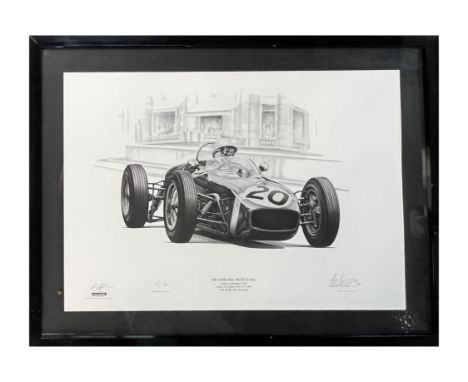 A print from an image created by legendary artist, Alan Stammers featuring Stirling Moss beating the Ferrari's at Monaco in 1
