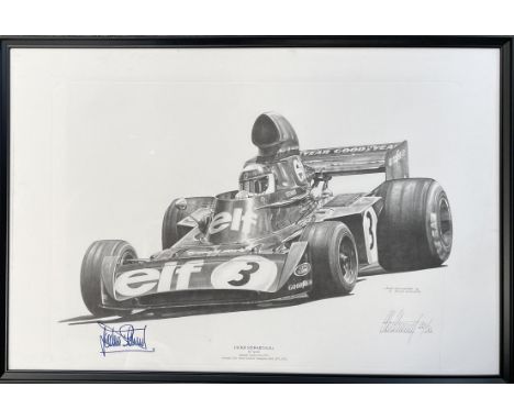 A limited edition print of Alan Stammers pencil artwork depicting Sir Jackie Stewart OBE behind the wheel of his all-conqueri